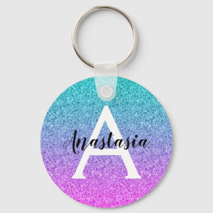 Glam Paars Aqua Glitter Sparkle Gradient Monogram Sleutelhanger