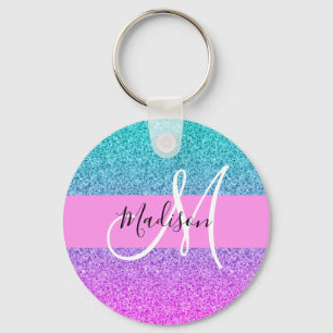 Glam Paars Aqua Glitter Sparkle Gradient Monogram Sleutelhanger