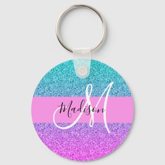 Glam Paars Aqua Glitter Sparkle Gradient Monogram Sleutelhanger (Voorkant)