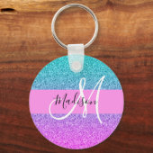 Glam Paars Aqua Glitter Sparkle Gradient Monogram Sleutelhanger (Voorkant)