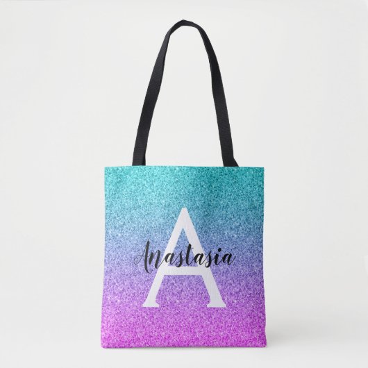 Glam Paars Aqua Glitter Sparkle Gradient Monogram Tote Bag (Voorkant)