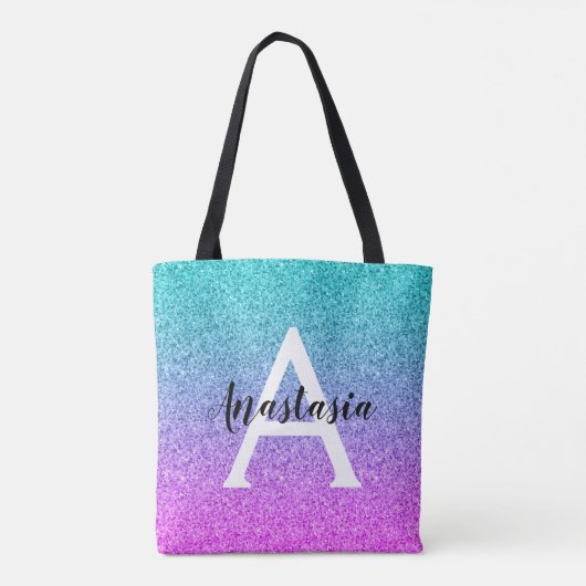 Glam Paars Aqua Glitter Sparkle Gradient Monogram Tote Bag (Achterkant)