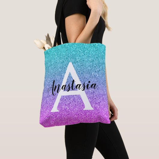 Glam Paars Aqua Glitter Sparkle Gradient Monogram Tote Bag (Dichtbij)