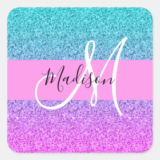 Glam Paars Aqua Glitter Sparkle Gradient Monogram Vierkante Sticker (Voorkant)