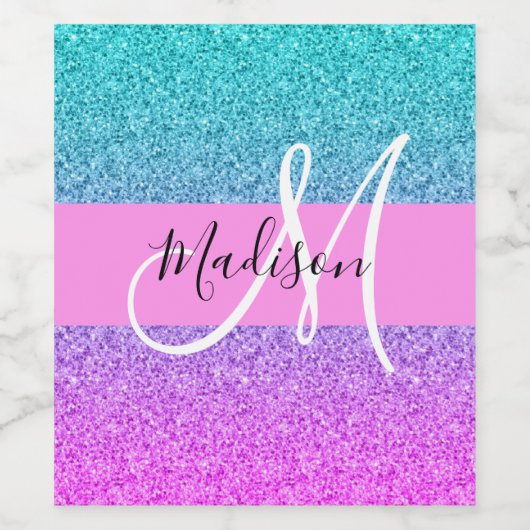 Glam Paars Aqua Glitter Sparkle Gradient Monogram Wijn Etiket (Enkel label)