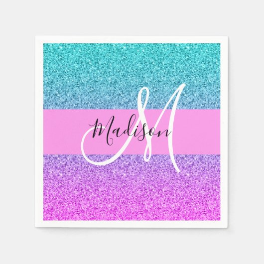 Glam paars aqua glitters glans verloop monogram servet (Voorkant)