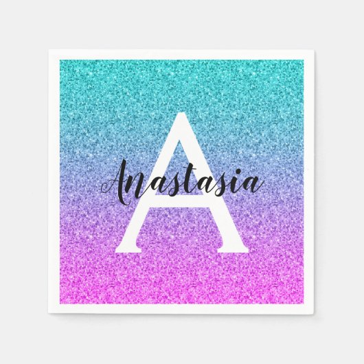 Glam paars aqua glitters glans verloop monogram servet (Voorkant)