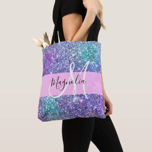 Glam paars, blauw en groen glinsterende monogram tote bag