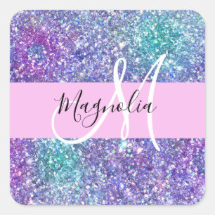 Glam paars, blauw en groen glinsterende monogram vierkante sticker