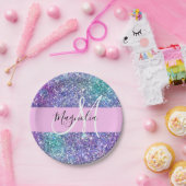 Glam Paars, blauw en groen glitter Sparkle Monogra Papieren Bordje (Feest)