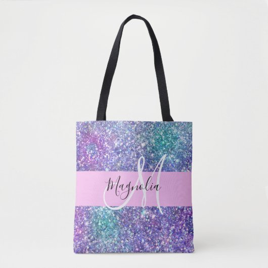 Glam Paars, blauw en groen glitter Sparkle Monogra Tote Bag (Voorkant)