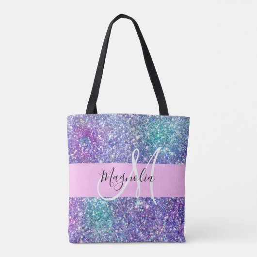 Glam Paars, blauw en groen glitter Sparkle Monogra Tote Bag (Achterkant)
