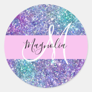 Glam paars, blauw & groen glinsterende monogram ronde sticker