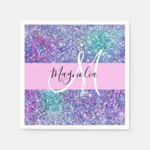 Glam paars, blauw & groen glinsterende monogram servet