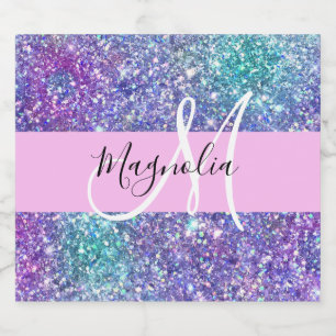 Glam paars, blauw & groen glinsterende monogram sparkling wijnetiket