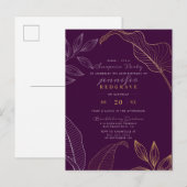 Glam Paars en Gold Leaves Modern Surprise Party Uitnodiging Briefkaart (Voorkant / Achterkant)