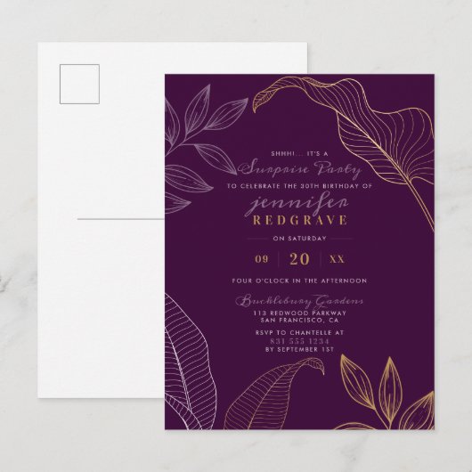 Glam Paars en Gold Leaves Modern Surprise Party Uitnodiging Briefkaart (Voorkant / Achterkant)