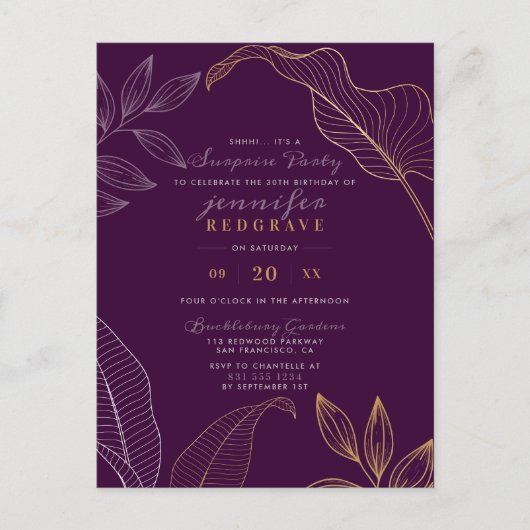 Glam Paars en Gold Leaves Modern Surprise Party Uitnodiging Briefkaart (Voorkant)