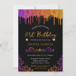 Glam paars en oranje glitters 21e verjaardag kaart