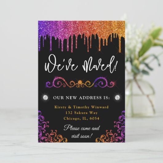 Glam Paars en Oranje gradiënt Glitter Nieuw Huis Aankondiging (Staand voorkant)