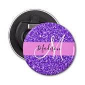 Glam Paars en Roze Glitter Sparkle Monogram Naam Button Flesopener (Voorkant)