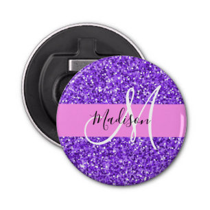 Glam Paars en Roze Glitter Sparkle Monogram Naam Button Flesopener