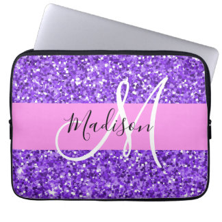 Glam Paars en Roze Glitter Sparkle Monogram Naam Laptop Sleeve