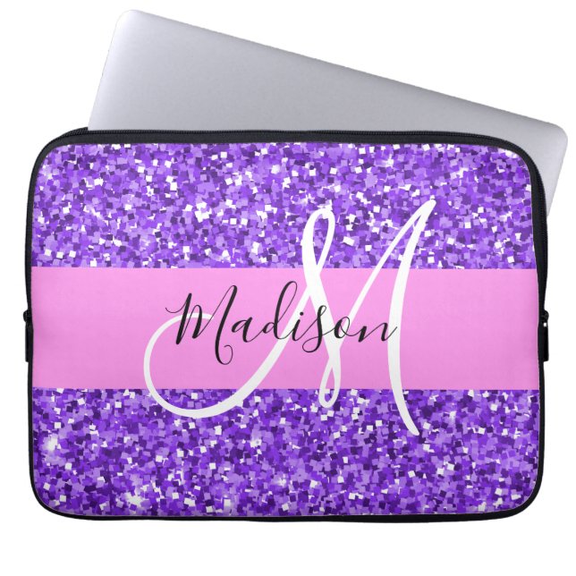Glam Paars en Roze Glitter Sparkle Monogram Naam Laptop Sleeve (Voorkant)