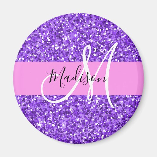 Glam Paars en Roze Glitter Sparkle Monogram Naam Magneet (Voorkant)