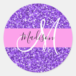 Glam Paars en Roze Glitter Sparkle Monogram Naam Ronde Sticker