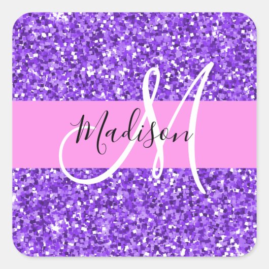 Glam Paars en Roze Glitter Sparkle Monogram Naam Vierkante Sticker (Voorkant)