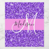 Glam Paars en Roze Glitter Sparkle Monogram Naam Wijn Etiket (Enkel label)