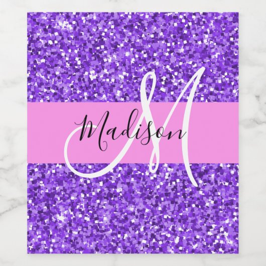 Glam Paars en Roze Glitter Sparkle Monogram Naam Wijn Etiket (Enkel label)