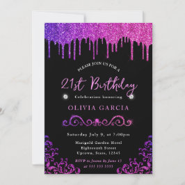 Glam paars en roze glitters 21e verjaardag kaart