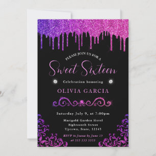 Glam paars en roze verloop glitter Sweet 16 Kaart