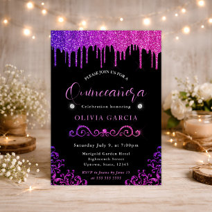 Glam Paars en Roze Verlopen Glitter Quinceanera Kaart