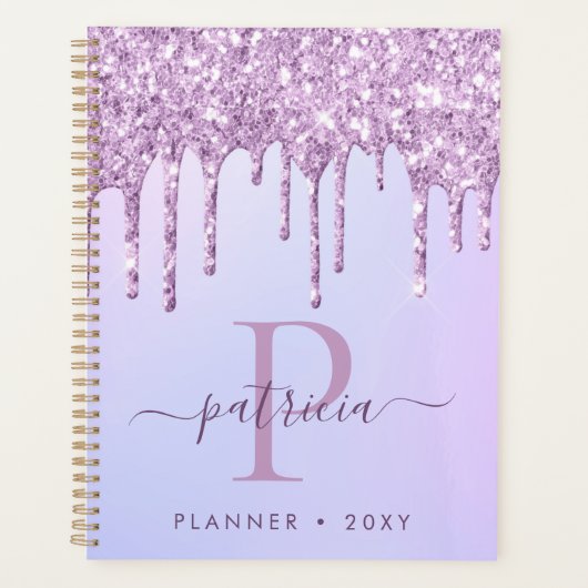 Glam Paars Glitter Drift Elegant Monogram Planner (Voorkant)