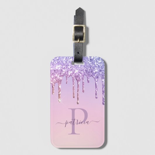 Glam Paars Glitter Drift elegante monogram Luggag Bagagelabel (Voorkant (verticaal))