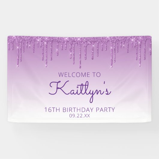 Glam Paars Glitter Drip 16th Birthday Banner (Horizontaal)