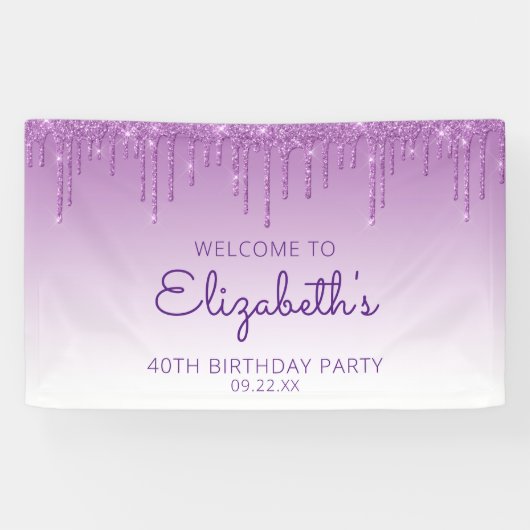 Glam Paars Glitter Drip 40th Birthday Banner (Horizontaal)