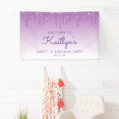 Glam Paars Glitter Drip Sweet 16 Party Spandoek (Insitu)