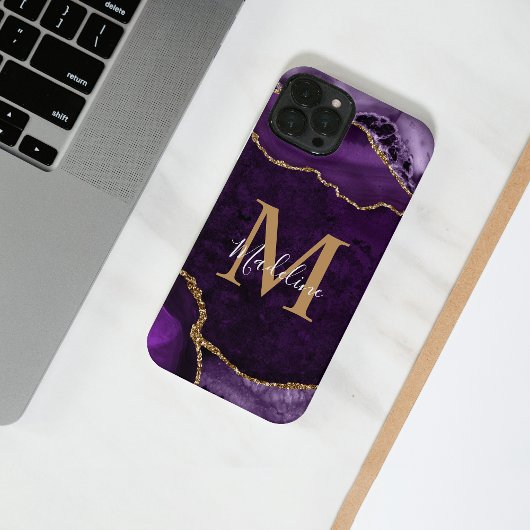 Glam Paars Gold Agate Geode Monogram iPhone Hoesje