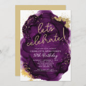 Glam Paars Gold Glitter Alcohol Ink Birthday Kaart (Voorkant / Achterkant)