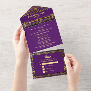 Glam Paars & Goud Gatsby Art Deco Jaren 20 Huwelij All In One Uitnodiging