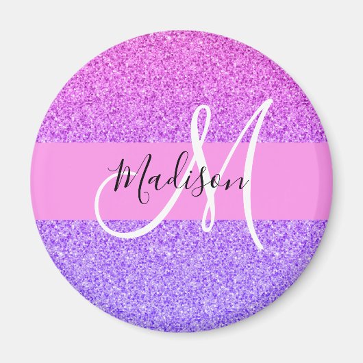 Glam paars roze glitter glans verloop monogram magneet (Voorkant)