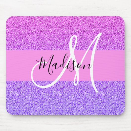 Glam paars roze glitter glans verloop monogram muismat (Voorkant)