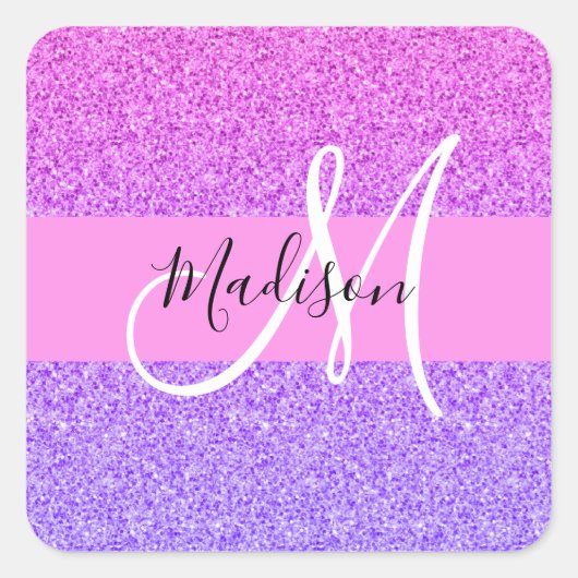 Glam paars roze glitter glans verloop monogram vierkante sticker (Voorkant)