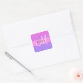 Glam paars roze glitter glans verloop monogram vierkante sticker (Envelop)