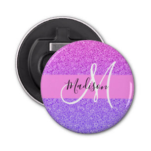 Glam Paars roze glitter sparkle Gradient Monogram Button Flesopener