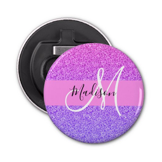 Glam Paars roze glitter sparkle Gradient Monogram Button Flesopener (Voorkant)